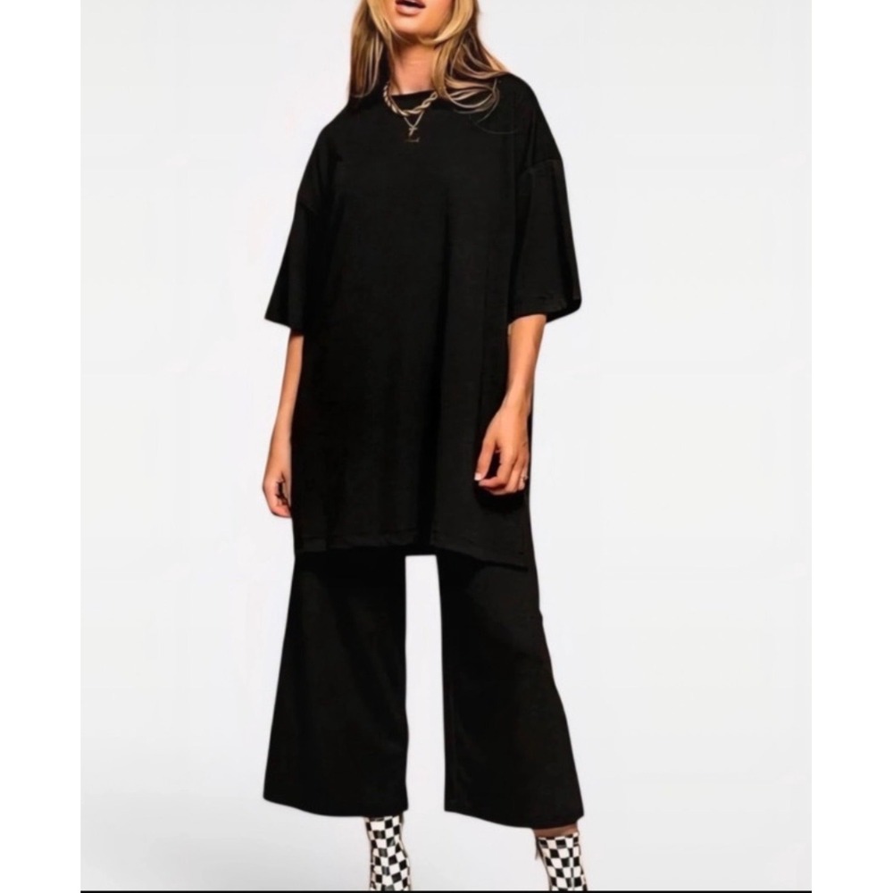 Dressed In Lala Ribbed Tunic Pants Set Women XXL Black Wide Leg 2 Piece Minimal